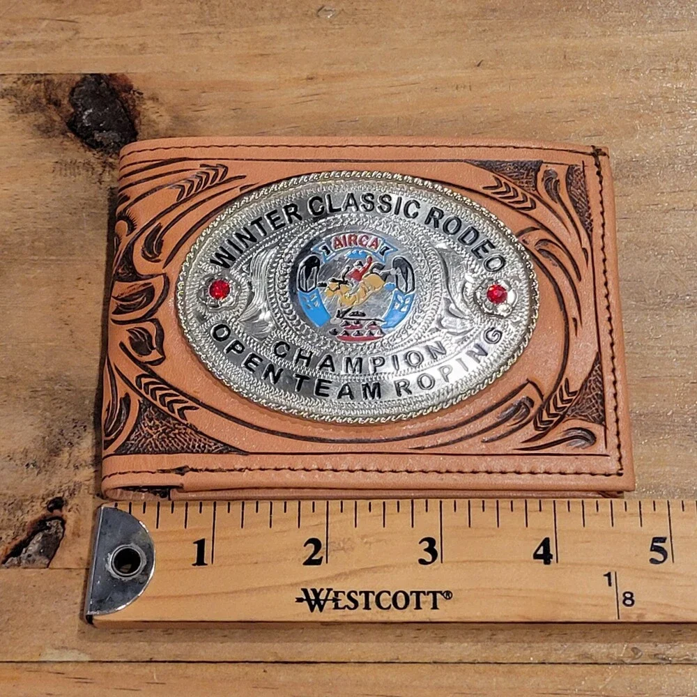 Rodeo Champion Buckle Leather Wallet Hand Tooled Western Team Roping AIRCA